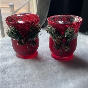 (2) Festive Red Candle Holders with Pinecone Decor